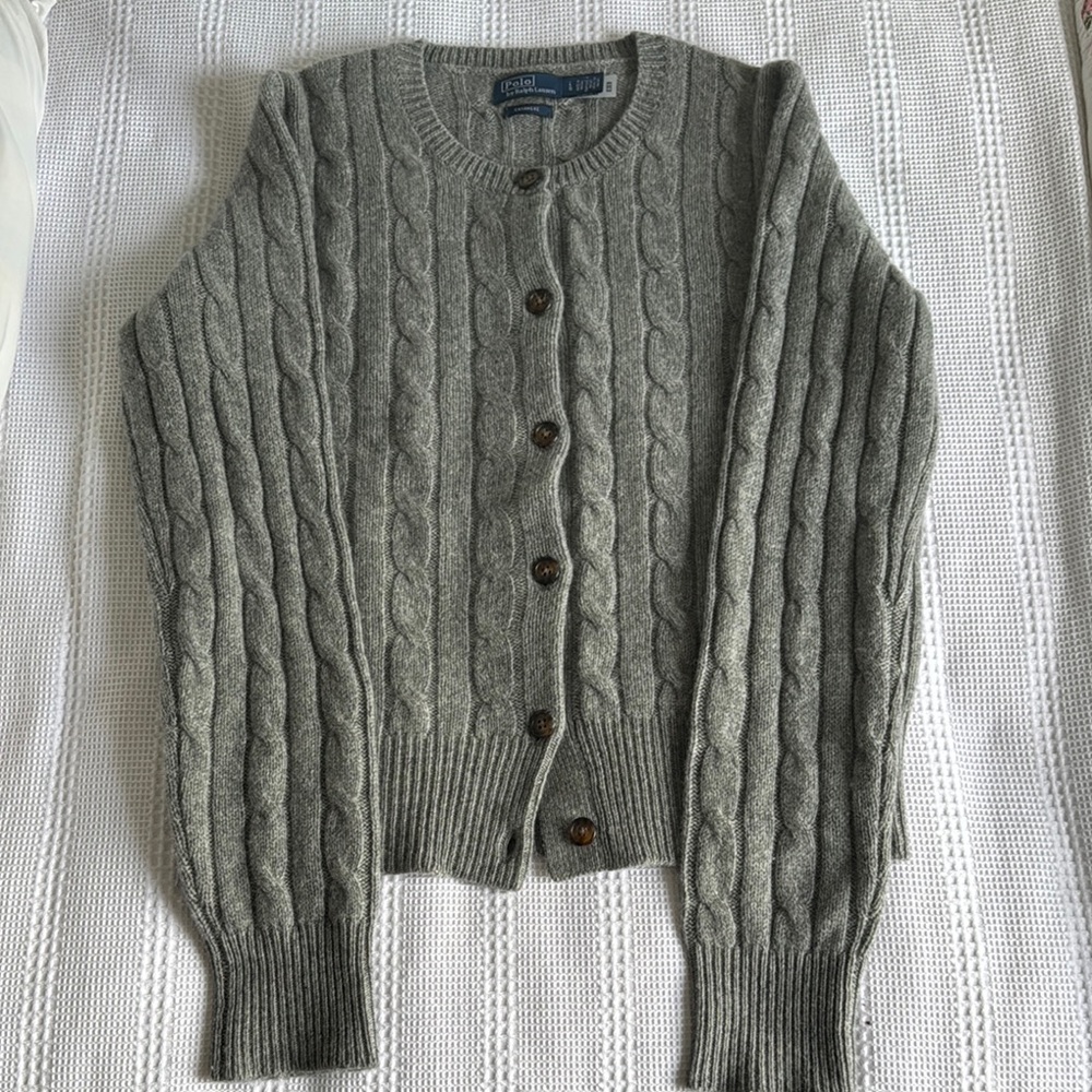 Polo Ralph Lauren Grey CASHMERE (L)Cable-Knit SFA Crewneck Cardigan -Like New - Picture 10 of 14